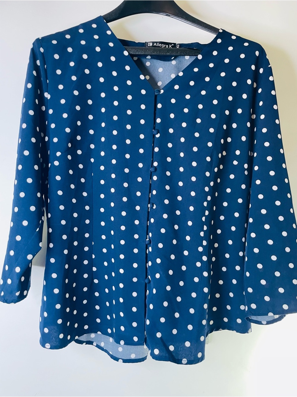 Allegra K Navy and White Polka Dot Button-Front Blouse